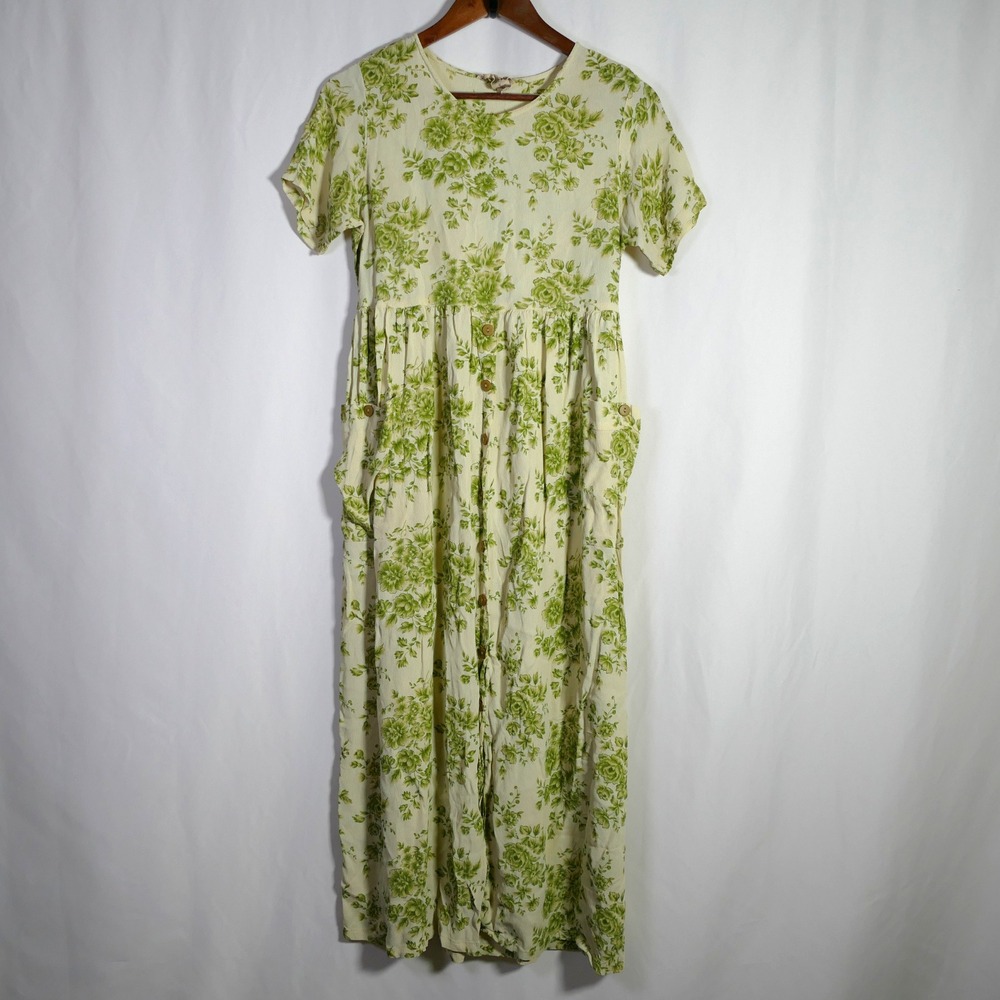 VTG April Cornell Cottagecore Floral Prairie Midi Dress Size S Buttons Pockets